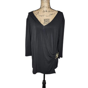 Adrienne Vittadini Womens Plus Stretch Draped Gold Logo Blouse Size 1X Black